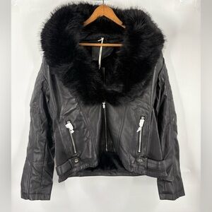 NWT Bellivera Faux Fur Black Leather Moto Biker Jacket size Large